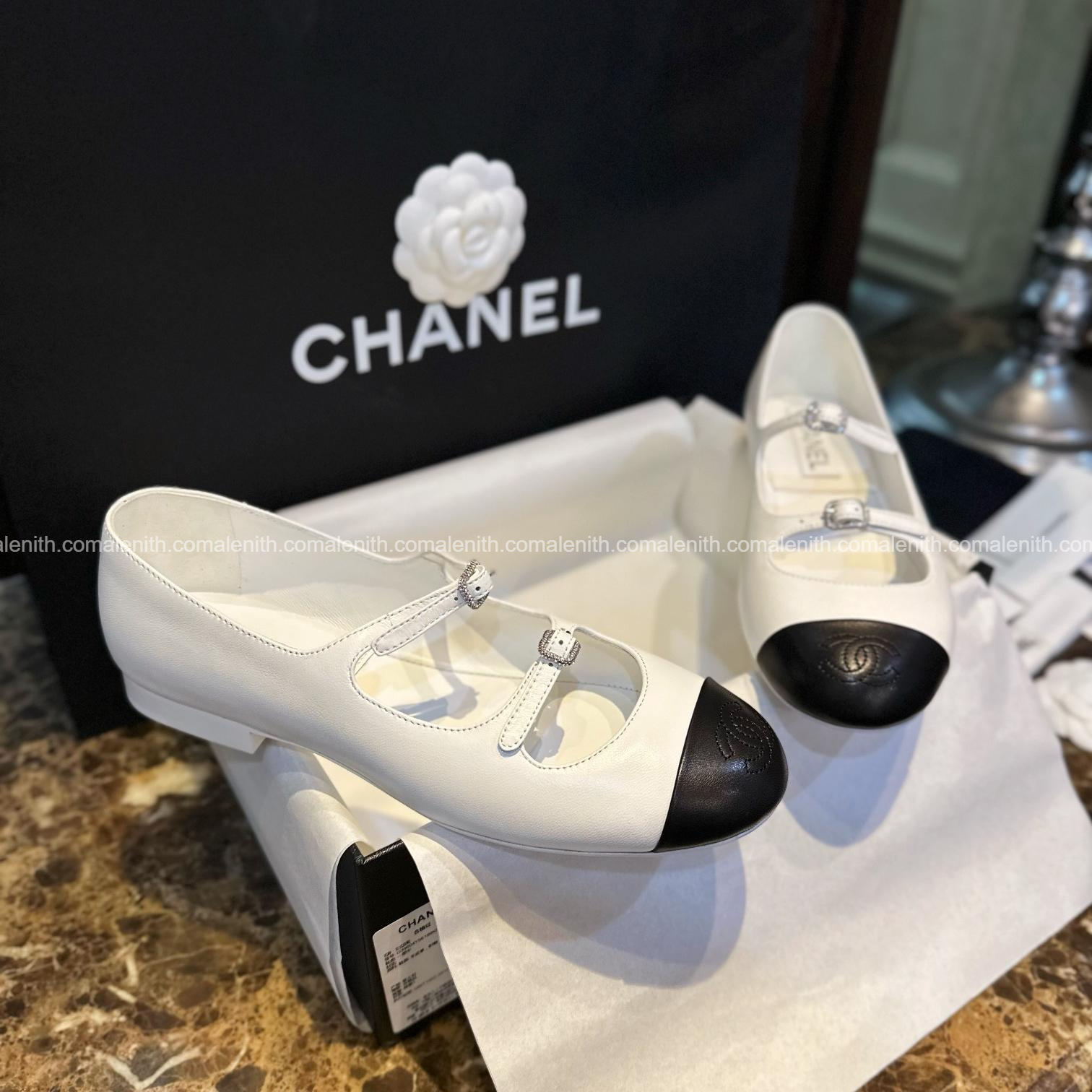 Chanel Black and White Double-Strap Rhinestone Mary Jane